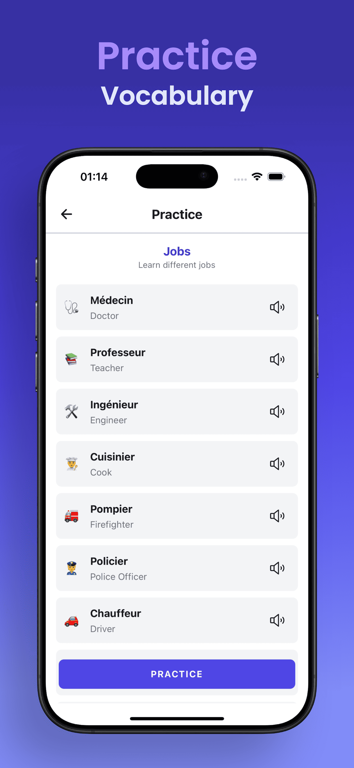 Vocabulary practice screen
