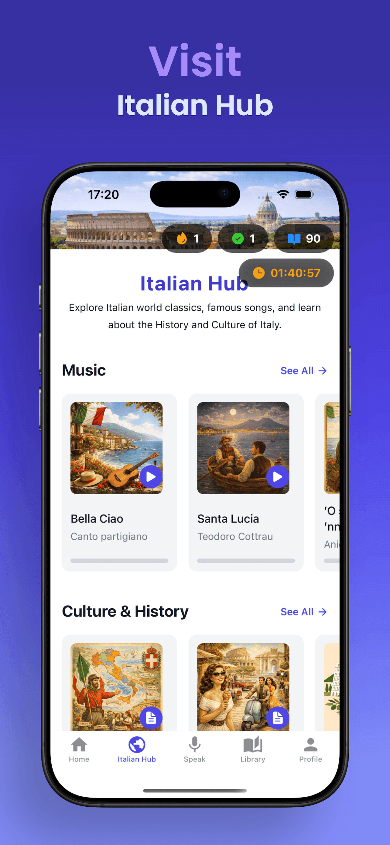 Italian learning hub screen