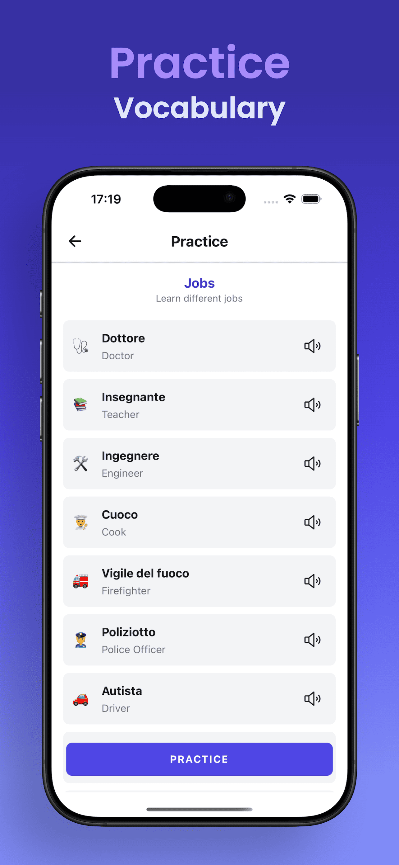 Vocabulary practice screen