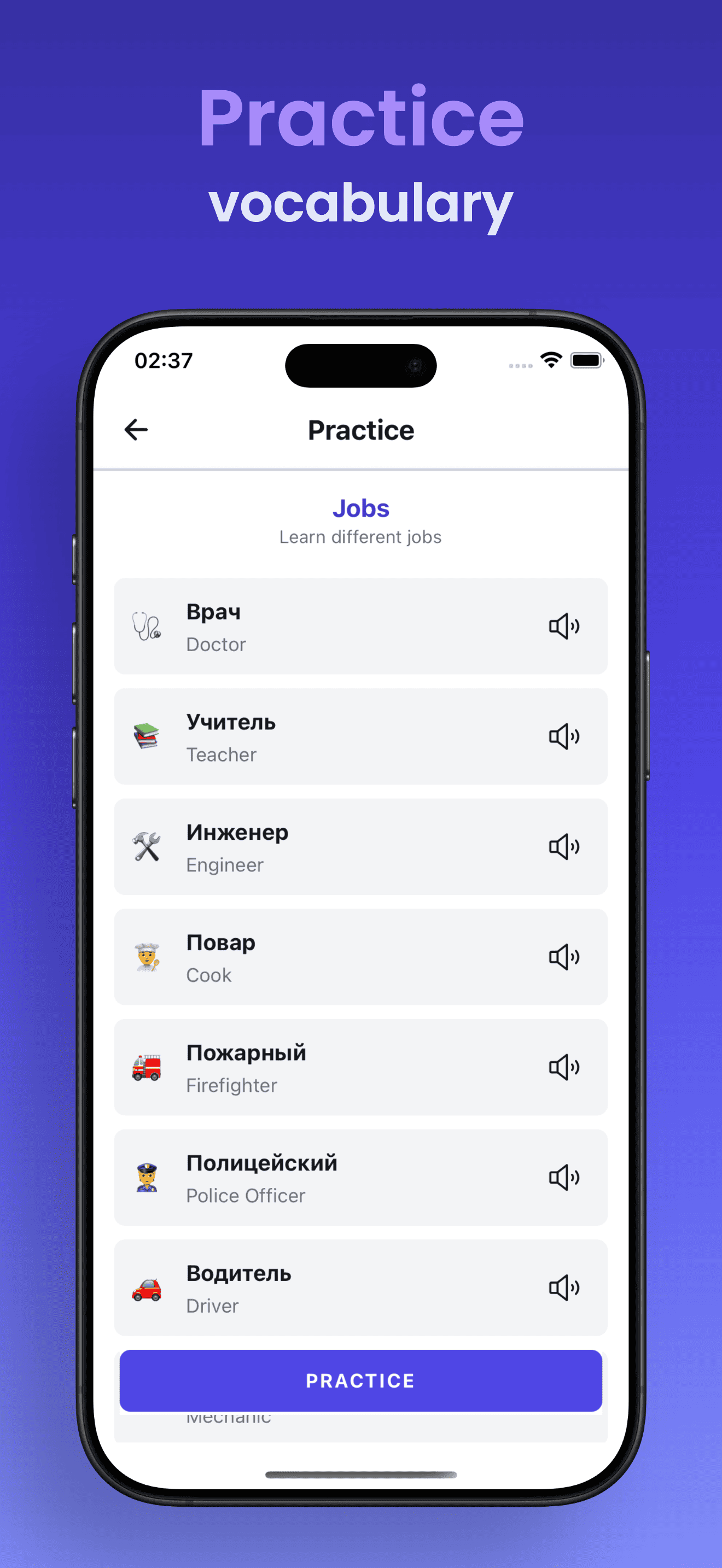 Vocabulary practice screen