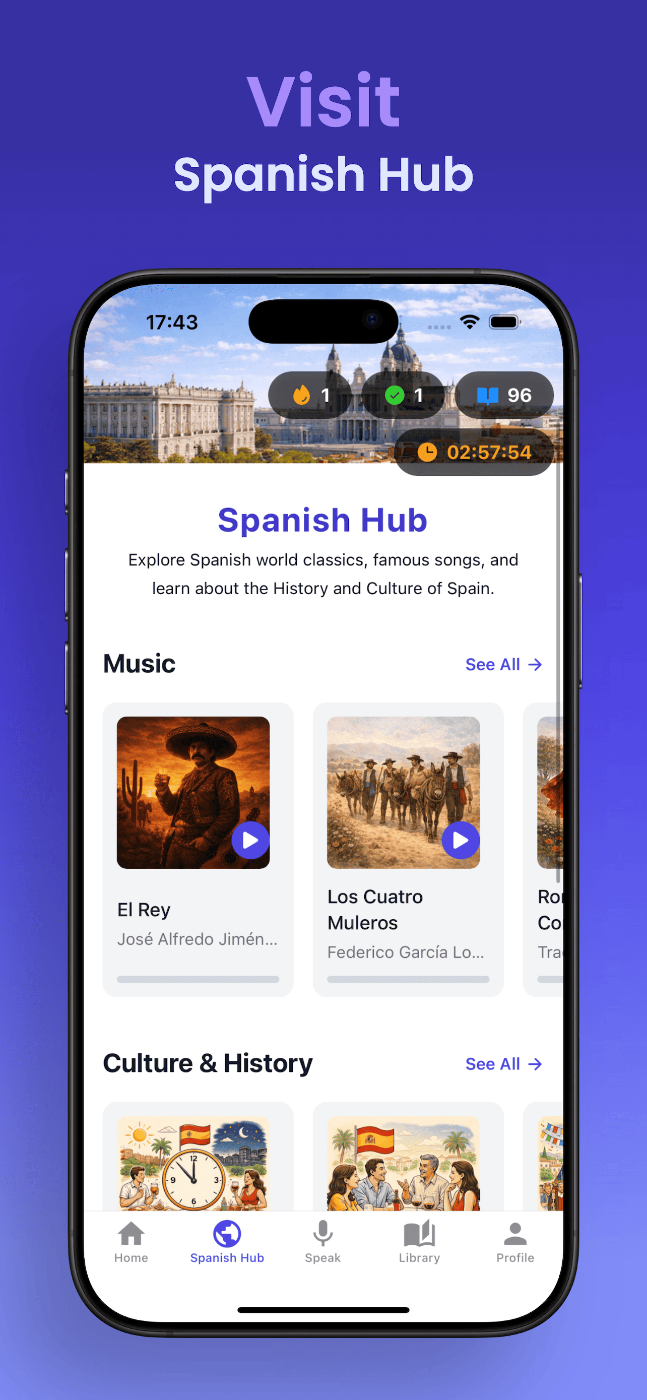 Spanish learning hub screen