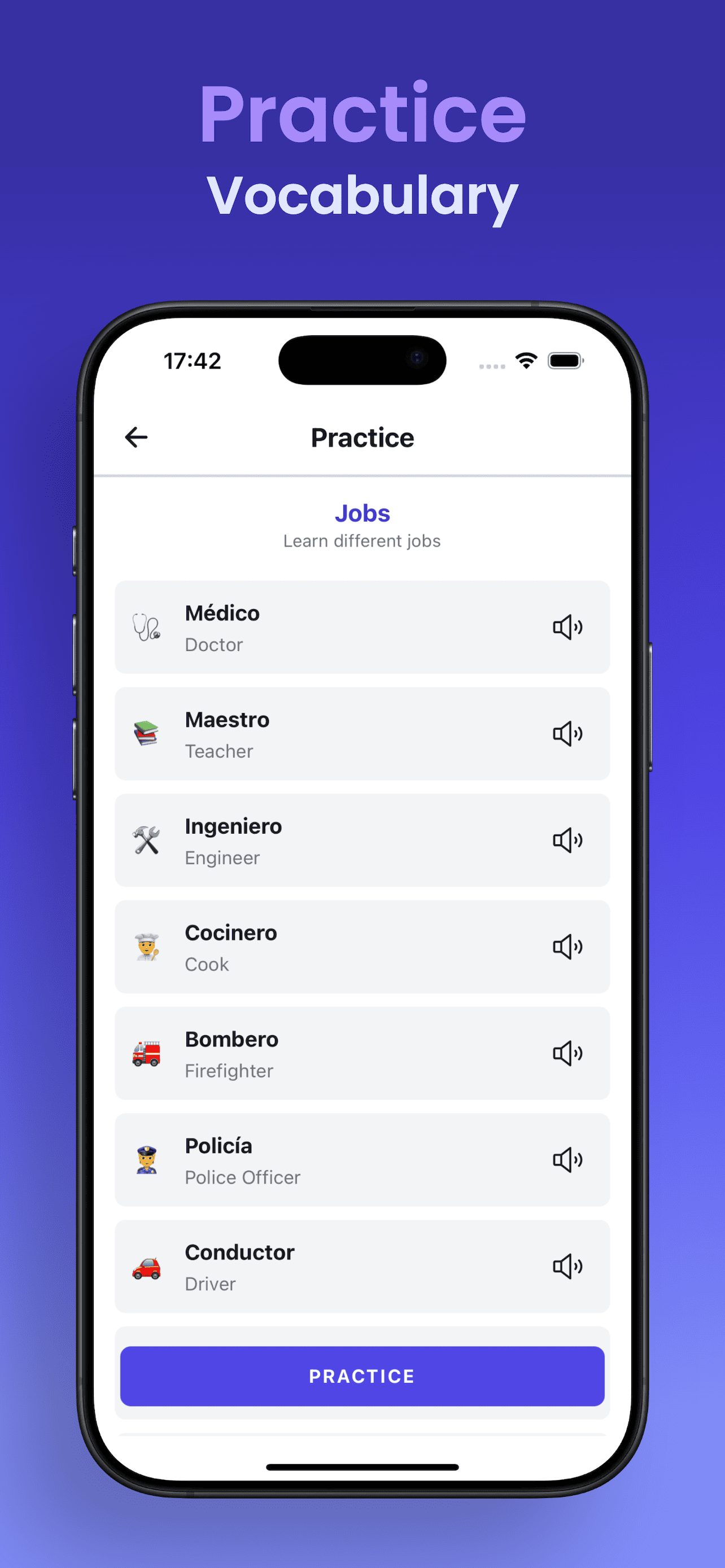 Vocabulary practice screen
