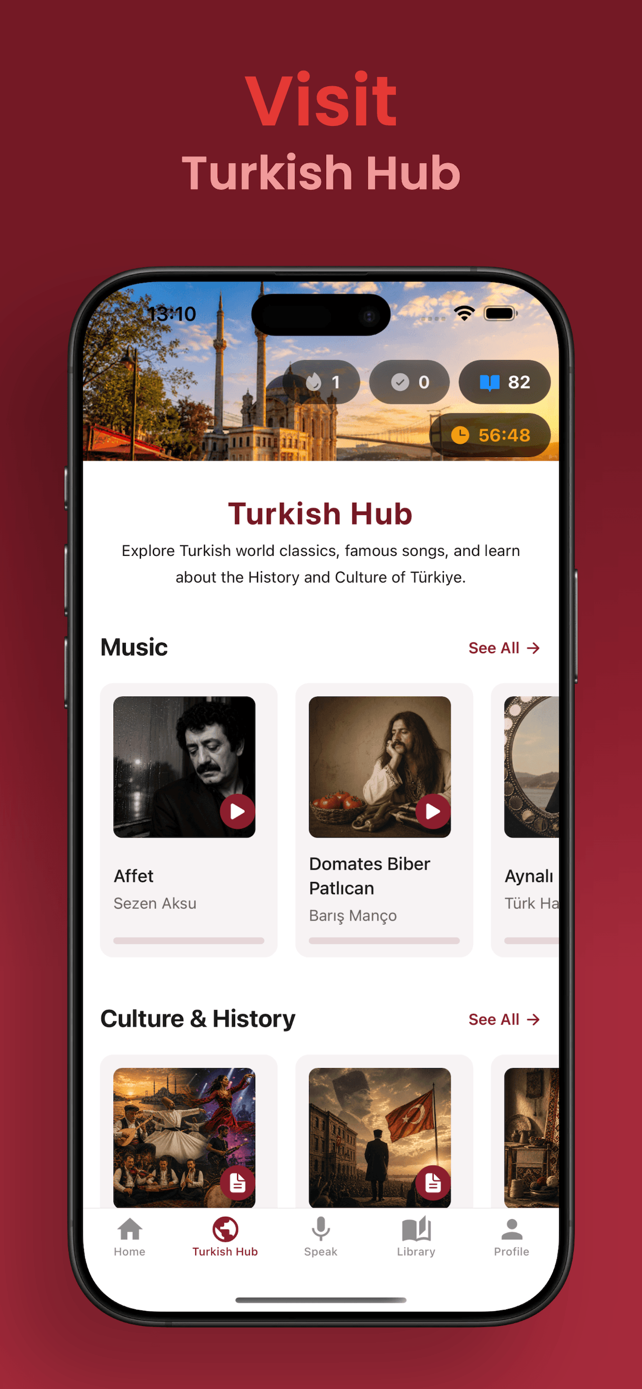 Turkish Learning Hub home screen