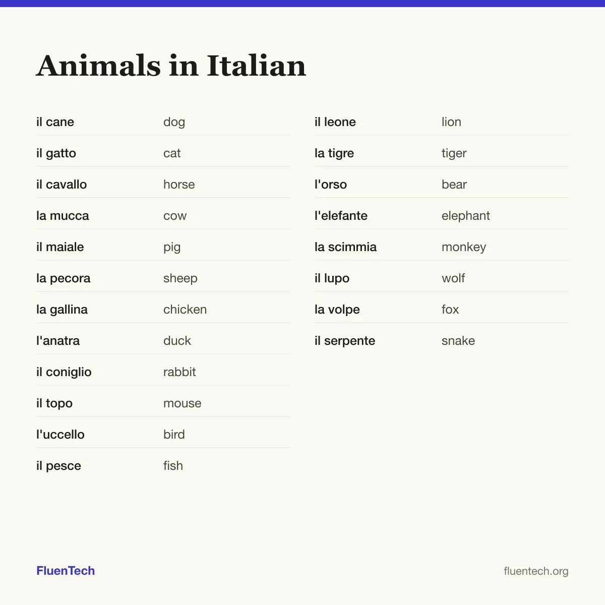Animals in Italian: il cane (dog), il leone (lion)
