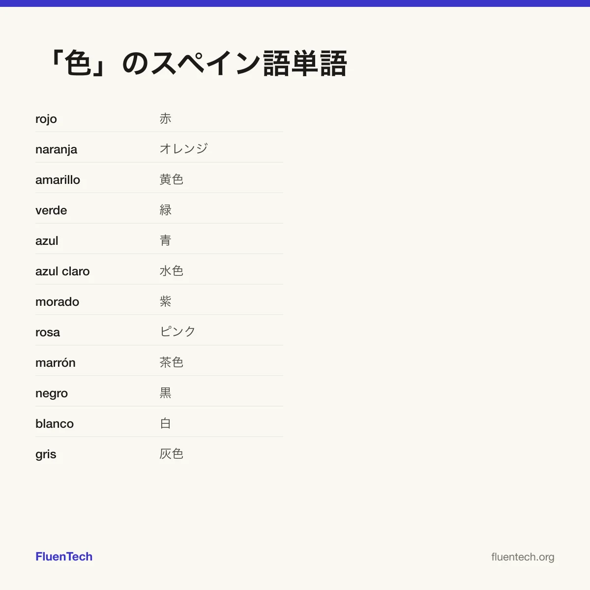 「色」のスペイン語単語: rojo (赤)