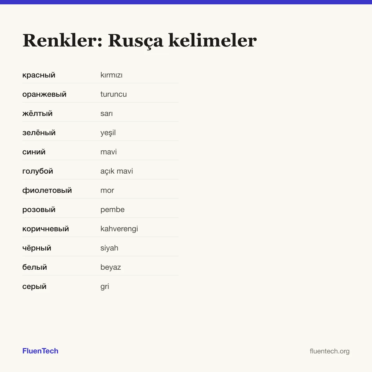 Renkler: Rusça kelimeler: красный (kırmızı)
